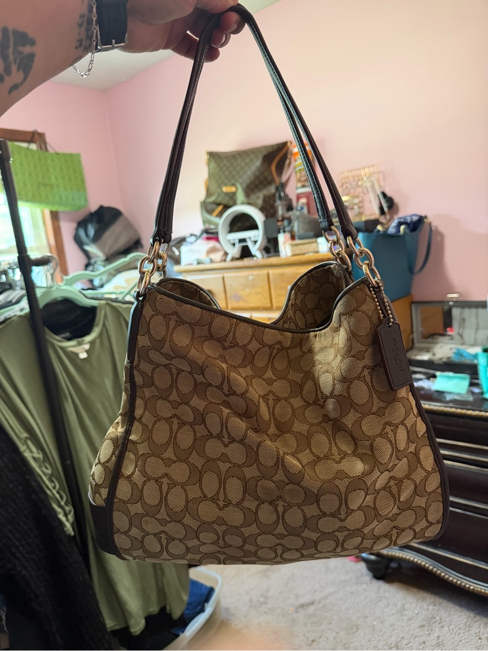 Coach Brown Signature Canvas Shoulder Bag with Dark Trim